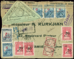 Turquie n°741, 4 pièces + 742 + 743 + , 4 pièces OBL Galata (1929) sur lettre recommandée pour Amiens avec 2 étiquettes de douane différentes et timbre taxe n°40A en paire OBL Amiens. TB