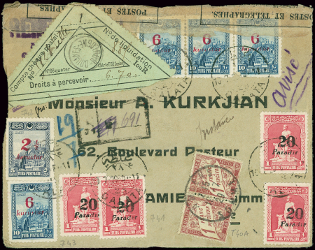 Turquie n°741, 4 pièces + 742 + 743 + , 4 pièces OBL Galata (1929) sur lettre recommandée pour Amiens avec 2 étiquettes de douane différentes et timbre taxe n°40A en paire OBL Amiens. TB