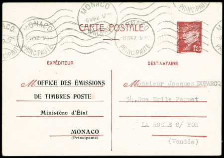Entier carte postale 1F20 Pétain OBL mec "Monaco principauté" (8.8.42) avec repiquage de l'office des émissions de timbres-poste de Monaco (PET D 6 M). TB