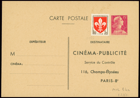 Carte postale 15F Muller rose TSC Cinéma Publicité avec n°1186 en complément neuve (MUL B4a). TB. Cote 225€