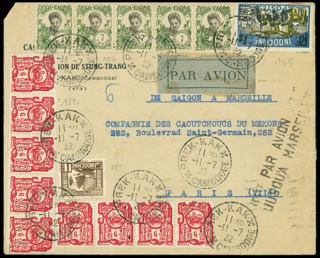 Indochine n°106, bande de 5 + 132, 9 pièces + 155 + 145 OBL CAD "Prek-Kak Cambodge" (1932) sur lettre recommandée avion pour Paris. TB