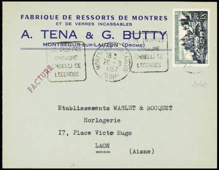 N°1040 OBL Montségur sur Lauzon Drôme" (1957) + Daguin à gauche "De truffes embaume embelli de légendes" (très recherché pour le thème champignons) sur lettre. TB