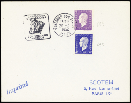 N°689 + 695, Dulac, OBL Varennes sur Allier (1952) + Daguin à gauche illustré d'une tête de bœuf "Varennes sur Allier son concours agricole" sur lettre. TB