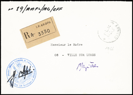 Lettre en franchise recommandée avec CAD "Poste aux armées" (1966) + cachet bleu avec déesse assise "Mission militaire française de liaison près haut CDT soviétique en Allemagne". TB