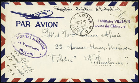 Lettre en franchise avec CAD "Paris X Q. de Valmy" (1949) + cachet ovale violet "Hopital militaire Villemin le Vaguemestre" et mention manuscrite "Rapatrié sanitaire d'Indochine". TB