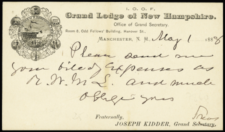 Entier CP USA 1c noir OBL Manchester N.H (1888) avec au verso repiquage "Grand Lodge of New Hampshire". TB