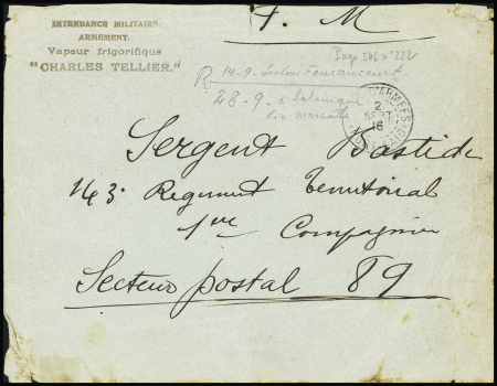 Lettre en franchise avec CAD "Corr d'armées Port-Saïd" (1916) + griffe noire "Intendance militaire armement vapeur frigorifique Charles Tellier". TB