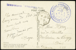 Carte postale en franchise de Port-Saïd avec CAD octogonal "Kobe à Marseille n°5" (1937) + griffe bleue "Sous-marin Fresnel". TB