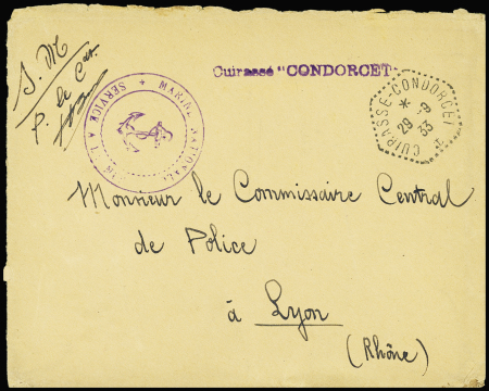Lettre en franchise avec CAD hexagonal "Cuirassé Condorcet" (1933) + griffe violette idem. TB