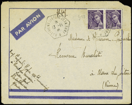 N°413, 40c Mercure OBL hex "Batiment de ligne Jean Bart" (nov 1941 - Casablanca) sur lettre en FM par avion. TB