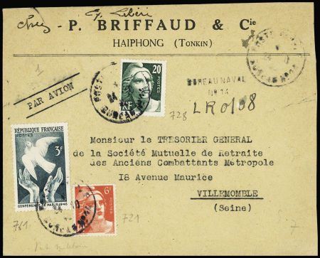 N°721 + 728 + 761 OBL CAD "Poste navale bureau n°14" (1946 - Haïphong) sur lettre recommandée civile acheminée par la poste navale avec griffe de recommandation provisoire. RR