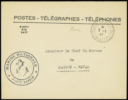 Env. en franchise des PTT avec CAD "Poste navale bureau central" (1947 - Paris) + cachet noir avec ancre "Marine nationale poste navale". TB