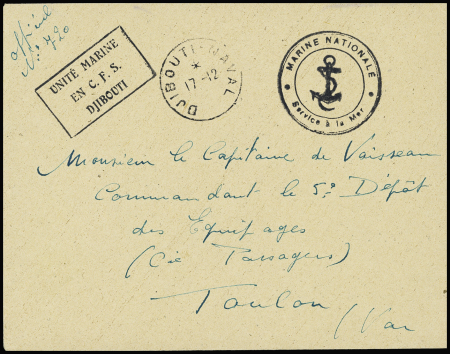 Lettre en franchise avec CAD "Djibouti naval" avec dateur partiel (vers 1950) + cachet rect noir "unité marine en CFS Djibouti". TB