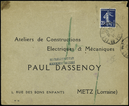 N°140 OBL Paris (31.7.1914) sur lettre pour Metz avec petite griffe bleue "retour à l'envoyeur acheminement impossible" (déclaration de guerre). TB