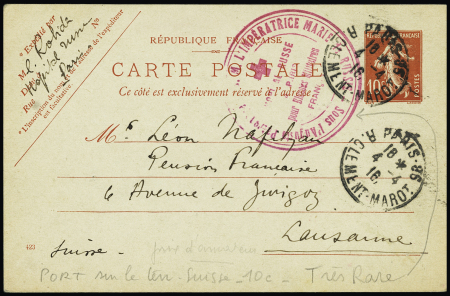 Entier carte postale 10c semeuse OBL Paris (1916) avec grand cachet rouge "Sous l'auguste patronage de l'impératrice Marie de Russie hopital russe à Paris pour blessés militaires français". TB