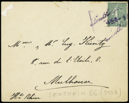 N°130 OBL de fortune cursive violette "Sentheim" (Haut Rhin) sur lettre. TB