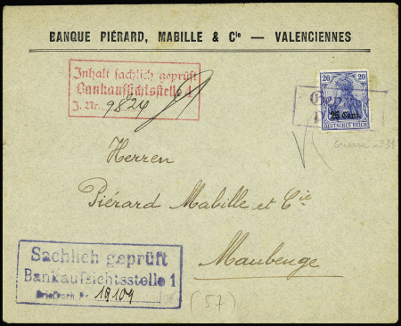 Guerre n°33 OBL cachet rect violet "Gepruft P.U.S.T" sur lettre à en-tête de la banque Piérard à Valenciennes avec 2 cenures bancaires allemandes. TB