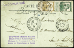 Belgique n°113 + 114 OBL CAD "Le Havre (spécial Seine INFre" (1915) sur carte postale recommandée avec griffe violette bilingue "Gouvernement belge Ministre des Sciences et des Arts". TB