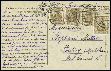 4 cartes postales sur l'entrée des troupes françaises à Strasbourg (22 à 26 nov 1918) AFF Allemagne n°82, 4 pièces (3) ou n°84 OBL CAD "Strassburg". TB