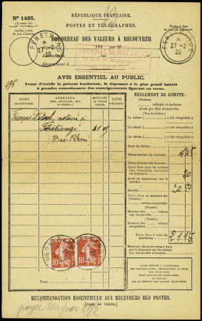 N°138 en paire OBL CAD provisoire "Fenetrange" (1920) sur bordereau des valeurs à recouvrer n°1485. TB