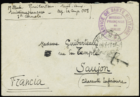 Lettre de Gênes (1917) avec cachet violet "service de santé militaire - mission française en Italie". TB