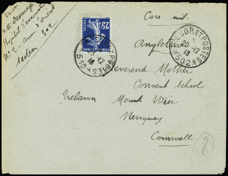 Lettre en franchise pour la Grande Bretagne avec CAD "Trésor et poste 502" (20.12.16) + affranchissement gratuit par n°140 OBL CAD "Trésor et postes 510" (23.12.16). TB