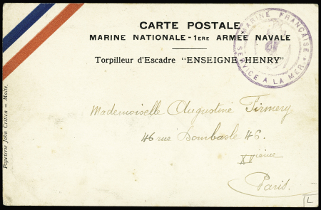 Carte postale de franchise militaire avec en-tête et bandeau tricolore "marine nationale - 1ère armée navale torpilleur d'escadre Enseigne Henry" (imprimée à Malte) ayant voyagé. TB