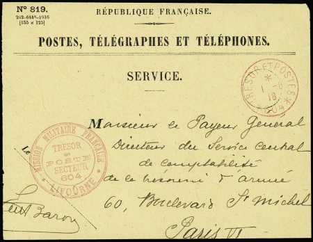 Devant d'env. PTT n°819 avec CAD rouge "Trésor et postes 604" (1918) + cachet rouge "Mission militaire française trésor et poste secteur 604 - Livourne". Rare et TB