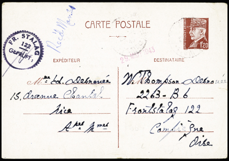 Entier CP 1F20 Pétain adressée à un interné civil anglais à Compiègne avec cachet violet dentelé "FR Stalag 122 gepruft". TB