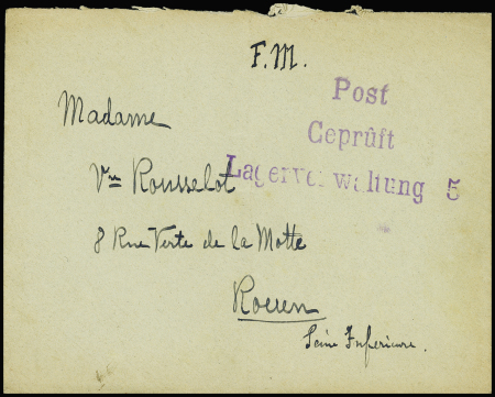 Lettre d'un prisonnier à la caserne Proteau à Cherbourg (oct 1940) avec grande griffe violette "Post gepruft Lagerverwaltung 5". TB