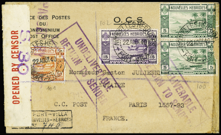 Nouvelles Hébrides n°100 en paire (def) + n°101 + n°102 OBL Port-Vila (22 aout 1940) sur lettre recommandée pour Paris avec griffe violette encadrée "Undeliverable return to sender". TB