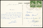Algérie n°48 en paire OBL CAD "Bastia Corse" (1944) sur carte postale. TB