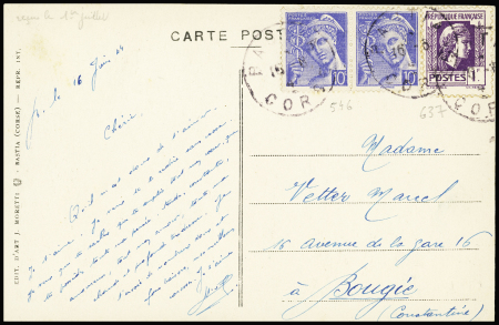 N°546 en paire + n°637, 1F violet Marianne d'Alger OBL Bastia (juin 1944) sur carte postale pour Bougie. TB