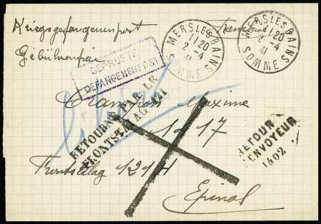 Lettre pour le frontstalag 121H d'Epinal avec griffe noire "Retourné par le frontstalag 121" + griffe "retour à l'envoyeur 1402" (1941). TB