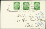 Allemagne n°444, 3 pièces, OBL CAD "Feldpost" (1941 - Jersey) sur carte postale pour Paris. TB