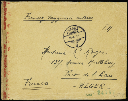 Lettre en franchise d'Ankara (19.4.42) pour Alger expédiée par l'un des 7 aviateurs vichystes internés en Turquie après la défaite de Vichy au Levant. Rare et TB