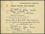 Petit message Croix-Rouge "renseignements familiaux" de Vannes (Morbihan) pour Paris (17 sept 44). TB