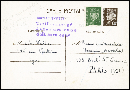Entier carte postale 80c Pétain avec n°508 (3 janv 1942) avec griffe violette "Retour tarif inchangé aucun timbre ne doit être collé". TB