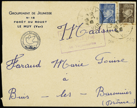 N°510 + 512 OBL Le Muy Var (1942) sur lettre à en-tête "Groupement de jeunesse n°16 forêt du Rouet Le Muy (Var)". TB