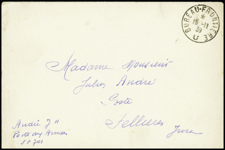 Lettre en franchise avec CAD "Bureau frontière U" (1939 - Ajaccio). Rare et TB