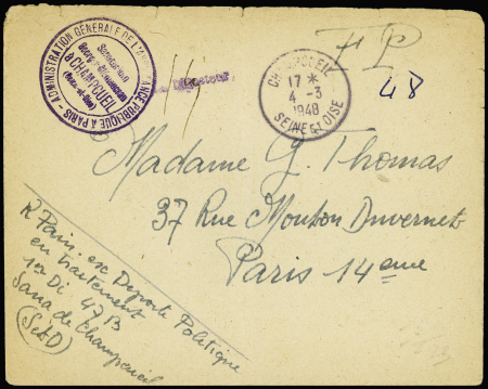 Lettre en franchise avec cachet violet "administration générale de l'assistance publique à Paris - Sanatorium Georges Clémenceau à Champcueil (Seine et Oise)" + mention manuscrite "R.Pain ex. déporté politique en traitem