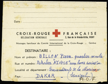 Message Croix-Rouge de Vichy pour un marin du pétrolier Nivôse à Dakar. TB