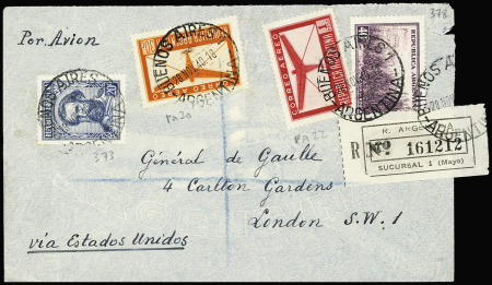 Argentine n°373 + 378 + PA20 + PA22 OBL Buenos Aires (28 nov 40) sur lettre recommandée pour le général de Gaulle. TB