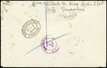 Brésil n°207 + 180 en paire + 353 + 376 OBL Pernanbuco (dec 1940) sur lettre recommandée avion pour le gén. De Gaulle. TB