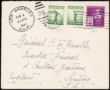 USA n°445 + 451, 2 pièces, OBL Los Angeles (1 fev 1941) sur lettre adressée au gén de Gaulle. TB