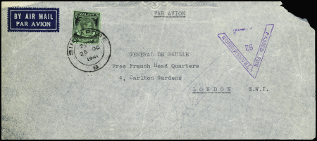 Malaya 50c vert et noir OBL Singapore (25 oct 41) sur lettre censurée pour le gen de Gaulle. Rare, la Malaisie ayant été envahie par les japonais en 1942. TB