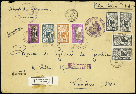 Nouvelle Calédonie n°150 + PA27 + PA31 + PA33 + PA34, 2 paires OBL Nouméa (nov 1940) sur grande lettre recommandée pour le gén de Gaulle avec au verso transits Honolulu et New-York