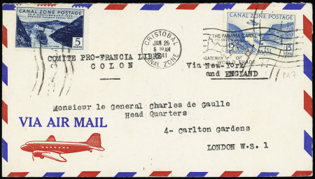 Panama (Canal) OBL Cristobal (1941) sur lettre par avion pour le gén de Gaulle. TB