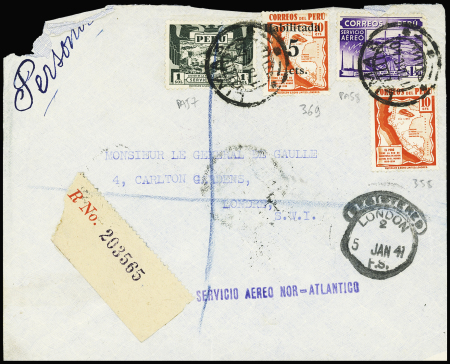 Pérou n°358 + 369 + PA57 + PA58 OBL Lima (1941) sur lettre recommandée avion pour le gén de Gaulle. TB