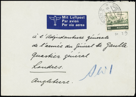Suisse PA n°29 OBL Bern (1942) sur lettre par avion adressée "a l"Adjudanture générale de l'armée du général de Gaulle, Londres". TB